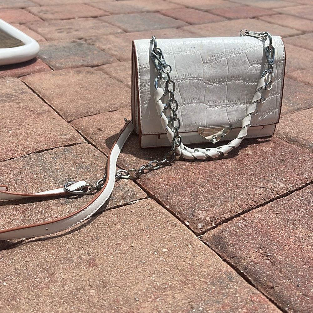 White Bag - Leather Long Chain Strap, Silver Hardware and White Purse